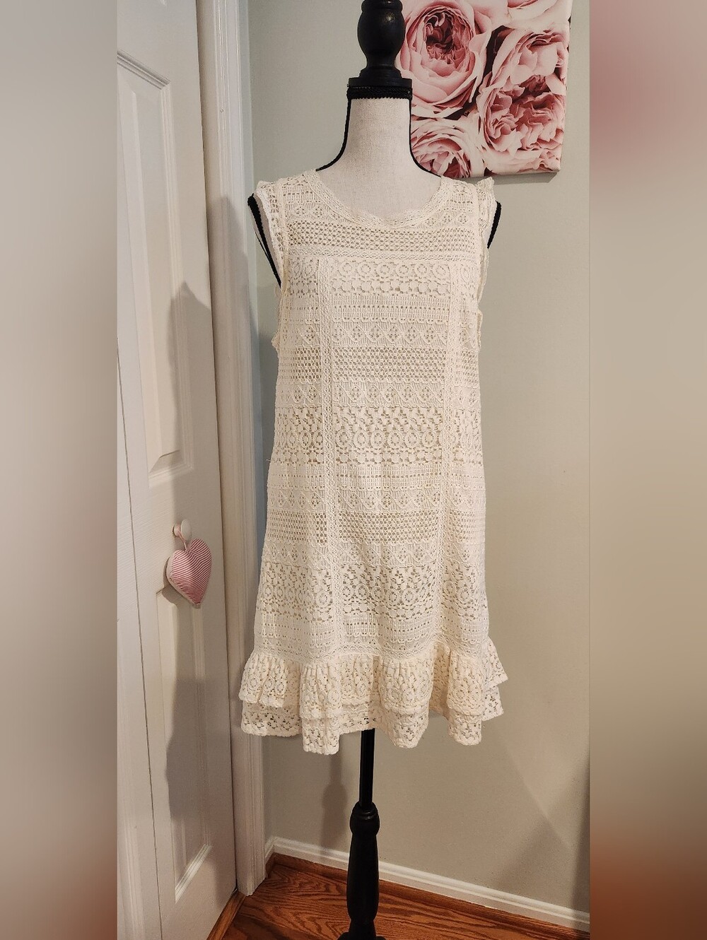 Joie Cream Crochet Lace Ruffle-Hem Mini Dress